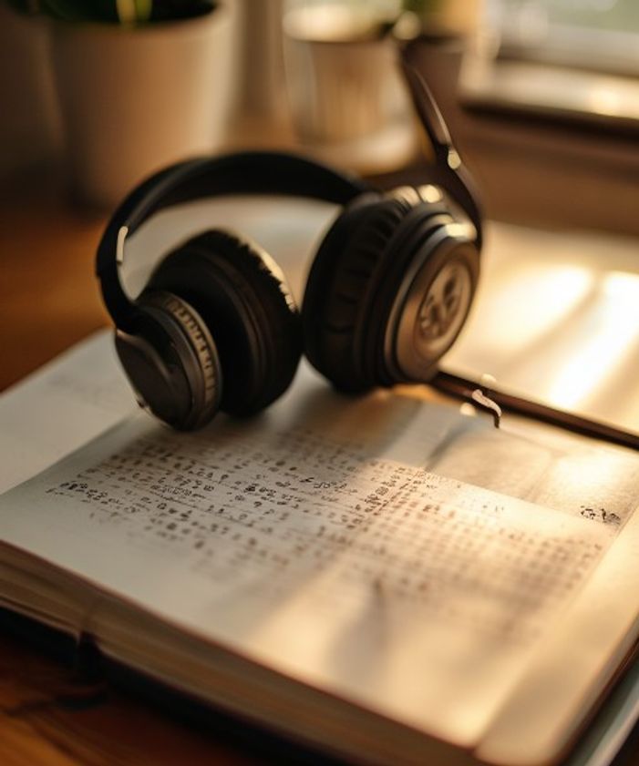 Cahiers de langue, casque et café sur un bureau — ambiance d'apprentissage